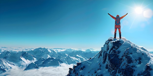 Foto bergsteiger steht auf dem gipfel des berges und siegt vor einem klaren blauen himmel konzept abenteuer erreichung von zielen natur erfolg sieger