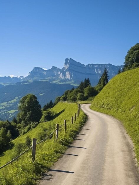 Foto bergstraße mit blick auf das alpstein-massiv und den berg sntis kanton appenzell ausserrhoden