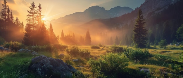 Bergtal bei Sonnenaufgang Natürliche Sommerlandschaft in der Slowakei