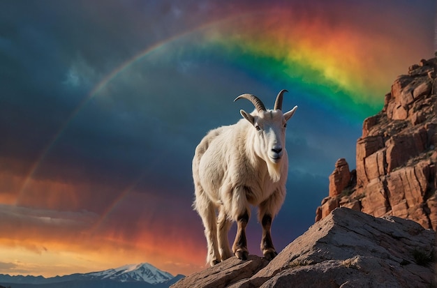 Bergziege auf der Klippe mit Regenbogenhimmel