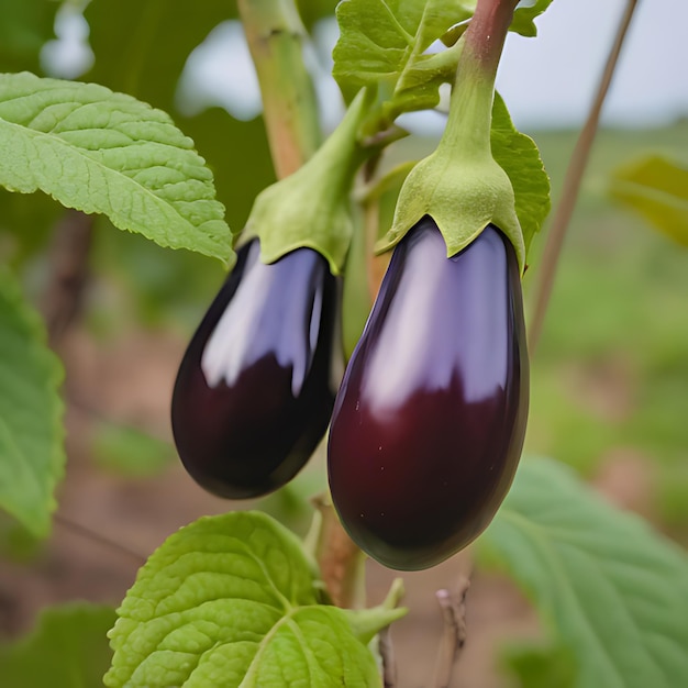 Foto berinjela crescendo em uma planta em um campo