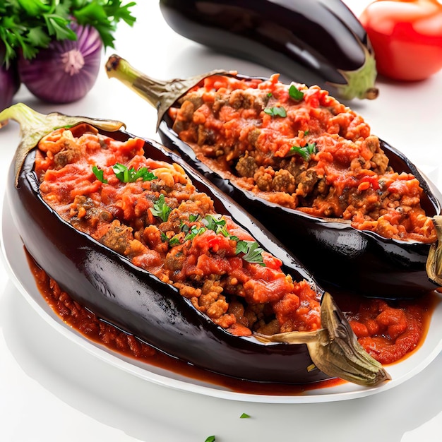 Berinjelas recheadas turcas com carne moída e legumes assados com molho de tomate em fundo branco