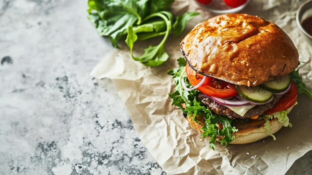 Überkopfschuss eines Burgers auf einer modernen Küchenplatte