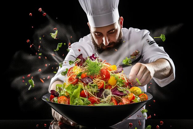 Überkopfschuss von einem Koch, der einen lebendigen Salat in eine Schüssel wirft