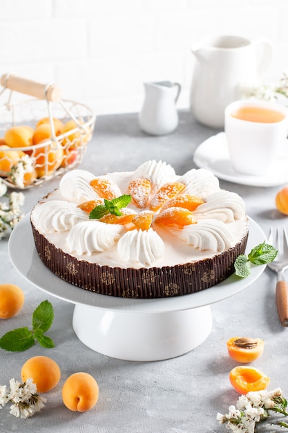 Überlagerter Käsekuchen mit Aprikose auf Tortenständer, heller Hintergrund. Früchtekuchen.