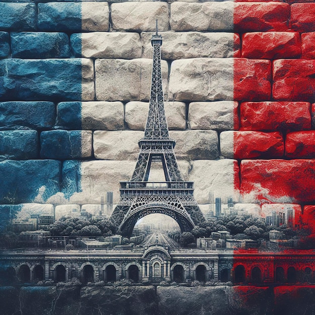 Überlagerung der französischen Flagge auf alten Granitziegeln und Zementwandtextur für den Hintergrund