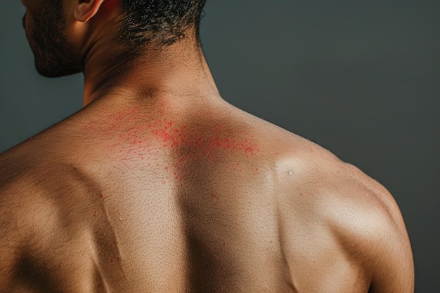 Überlagerung des Rückens eines Mannes mit erhöhten roten Schrammen, die eine allergische Reaktion auf Insektenstiche oder