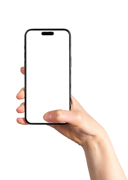 Berlim, Alemanha, 14 de maio de 2023 Mão segurando a tela do celular simulada tocando com o polegar na maquete de exibição em branco isolada no fundo branco