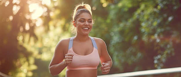 Übermäßig glücklich und lächelnd eine riesige, fette, übergewichtige und dickliche junge Frau, die draußen trainiert, während sie Sport-BH und Trainingshose trägt