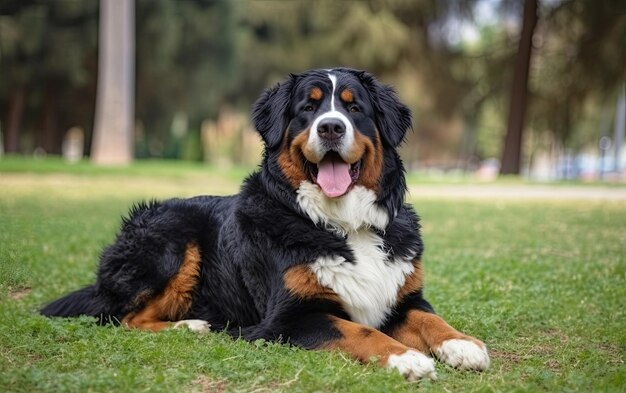 Berner Berghund sitzt auf dem Gras im Park, professionelle Werbung ai generiert