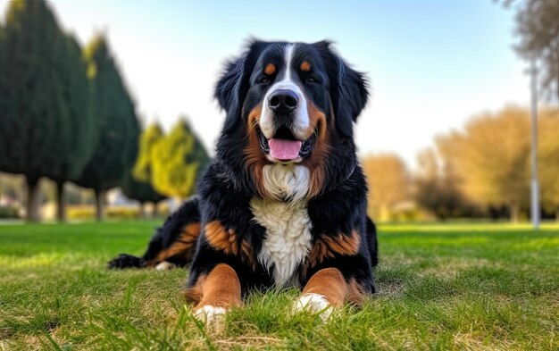 Foto berner berghund sitzt auf dem gras im park, professionelle werbung ai generiert