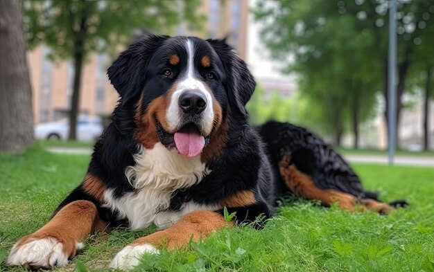 Berner Berghund sitzt auf dem Gras im Park, professionelle Werbung ai generiert