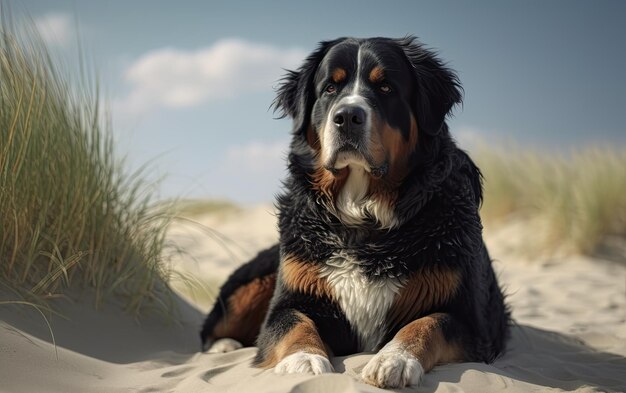 Berner Berghund sitzt auf dem Strand, professionelle Werbung ai generiert