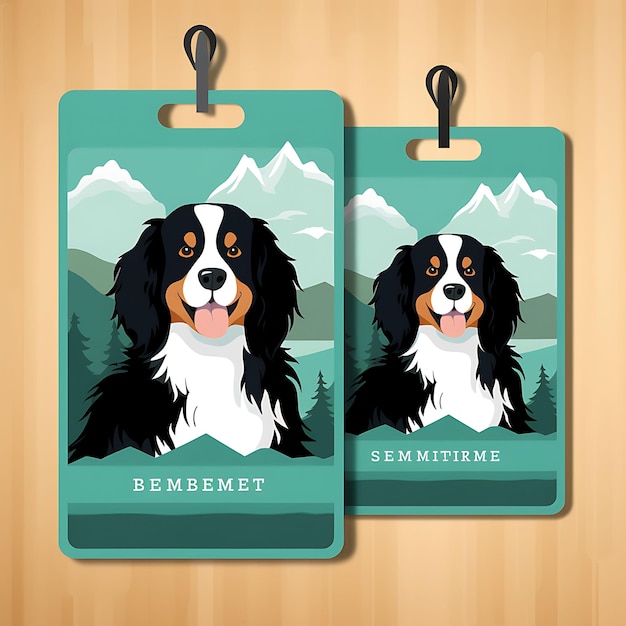 Foto bernese mountain dog dog tag cartão manila papel mountain scen 2d vector design coleção cartão plano