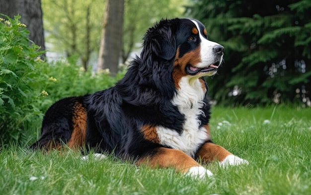 Bernese Mountain Dog está sentado en la hierba en el parque publicidad profesional ai generado