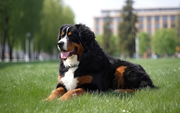 Bernese Mountain Dog está sentado en la hierba en el parque publicidad profesional ai generado