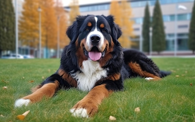 Bernese Mountain Dog está sentado en la hierba en el parque publicidad profesional ai generado