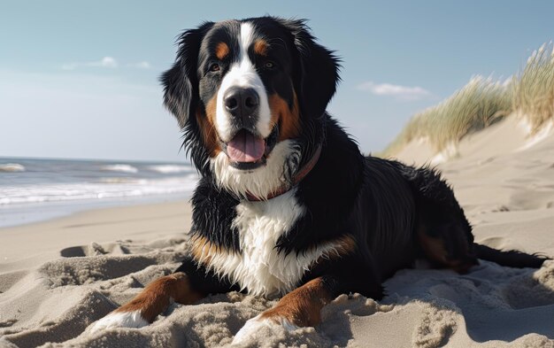 Bernese Mountain Dog está sentado na praia publicidade profissional ai gerado