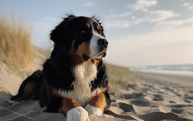 Bernese Mountain Dog está sentado en la playa generado por publicidad profesional