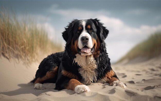 Bernese Mountain Dog está sentado en la playa generado por publicidad profesional