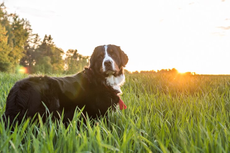 Bernese Mountain Dog no fundo do sol