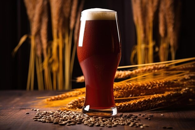 Foto bernsteinfarbenes ale-bier in einem hohen glas mit getreidesilhouetten