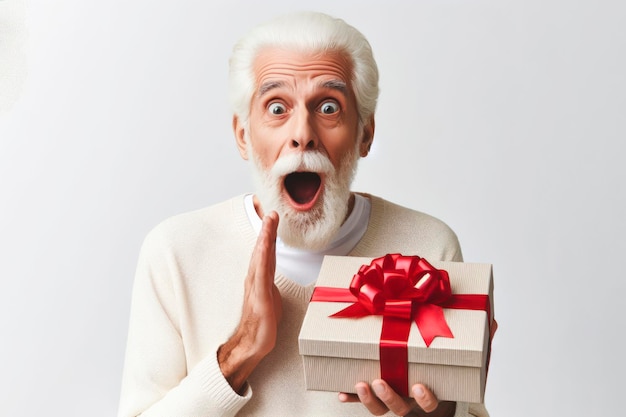 Überraschender älterer Mann mit Geschenkkiste auf weißem Hintergrund