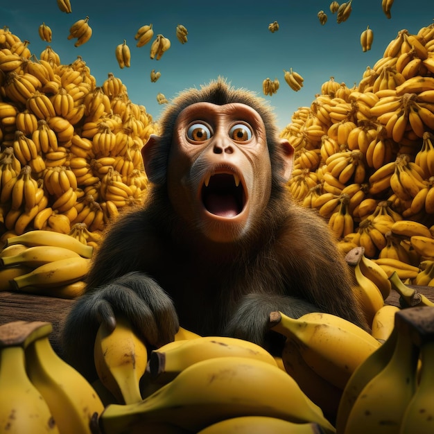 Überraschender Affe in einem Bananenhaufen