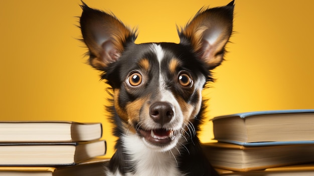 Überraschender Hund mit einem Buch.