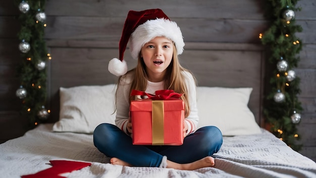 Überraschendes kleines Mädchen mit Weihnachtsmannshut, das ein Geschenk hält, während es mit gekreuzten Beinen im Bett sitzt