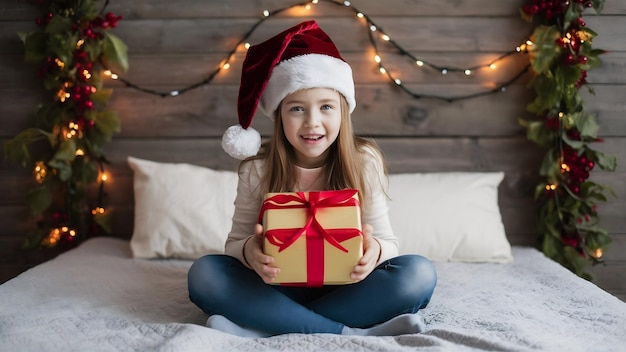 Überraschendes kleines Mädchen mit Weihnachtsmannshut, das ein Geschenk hält, während es mit gekreuzten Beinen im Bett sitzt