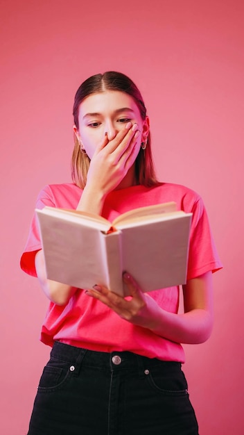 Überraschendes Lesen schockierte Literatur, aufgeregtes Mädchen