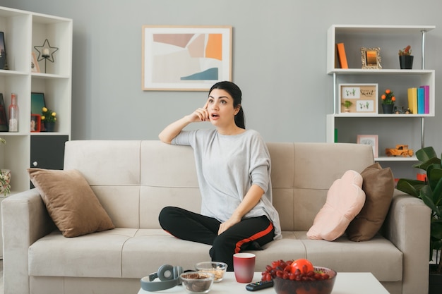 Überrascht aussehende Seite, die den Finger auf die Wange legt, junges Mädchen, das auf dem Sofa hinter dem Couchtisch im Wohnzimmer sitzt?