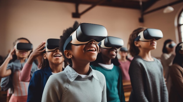 Überrascht von multikulturellen Schülern mit Virtual-Reality-Headset im Klassenzimmer