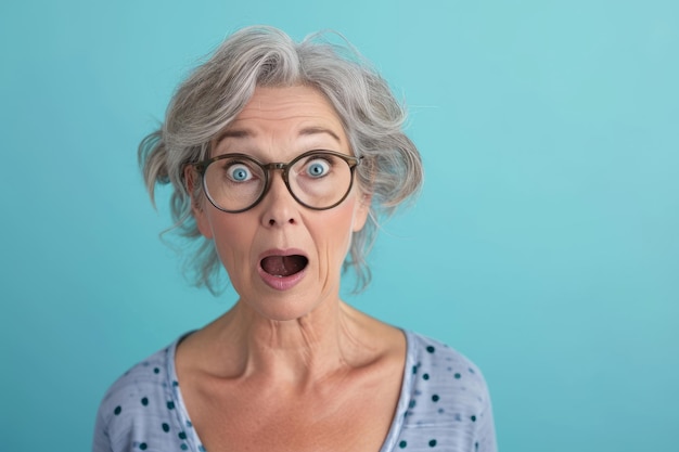 Überraschte ältere Frau mit Brille auf blauem Hintergrund