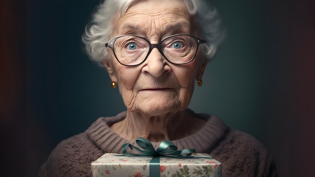 Überraschte alte Dame mit Weihnachtsgeschenk portrtait neuronalem Netzwerk generierte Kunst