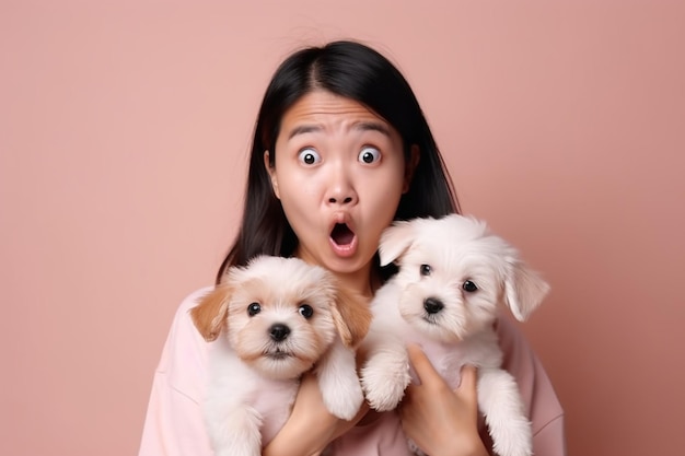 Überraschte asiatische Dame hält die Lippen gefaltet und posiert mit zwei Welpen, die zur Tierklinik gebracht werden