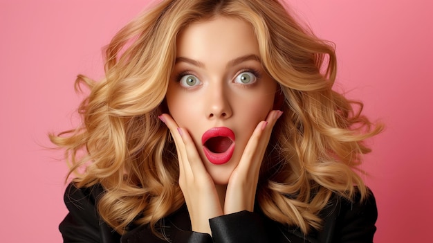 Überraschte blonde Frau mit lebhaftem Make-up auf rosa Hintergrund