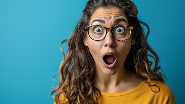 Überraschte Frau mit Brille auf blauem Hintergrund