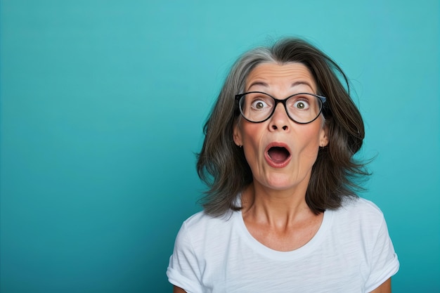 Überraschte Frau mit Brille auf blauem Hintergrund