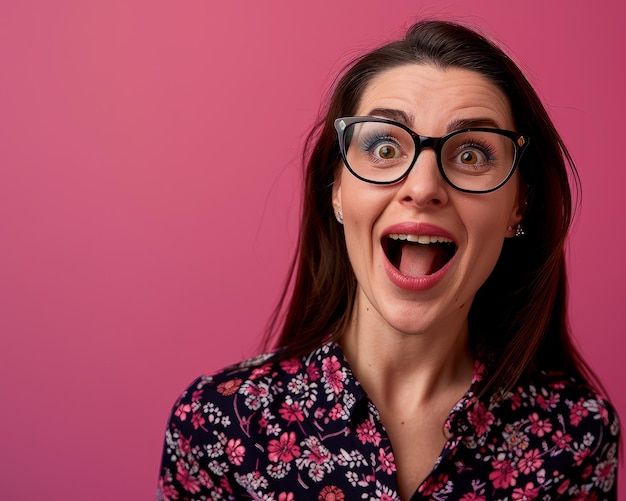 Überraschte Frau mit Brille auf rosa Hintergrund