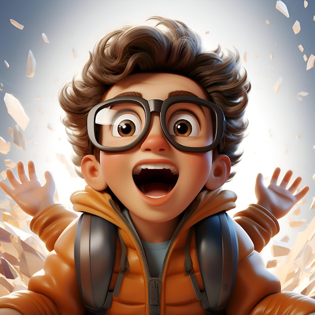 Überraschter Junge in Jacke und Brille, 3D-Illustration