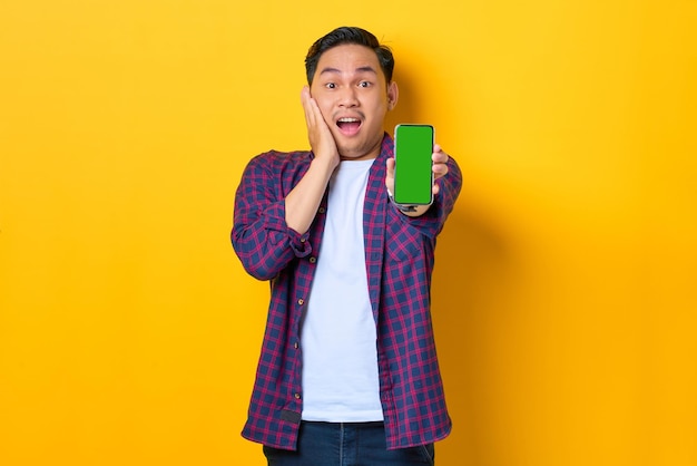 Überraschter junger asiatischer Mann im karierten Hemd, der das Smartphone mit leerem Bildschirm isoliert auf gelbem Hintergrund zeigt