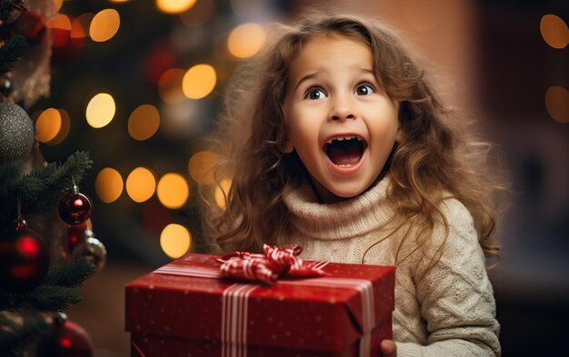 Überraschtes, aufgeregtes Mädchen öffnete Geschenkbox in der Nähe des Weihnachtsbaums