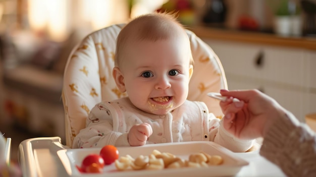 Überraschtes Baby, das den neuen Geschmack fester Nahrung erlebt, während es in einem Hochstuhl mit Orangenstücken auf dem TablettxA sitzt