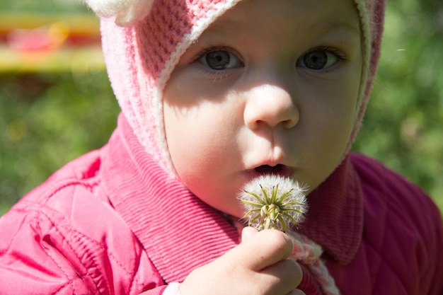 Überraschtes Kind mit offenem Mund, bevor es im Sommerpark auf Löwenzahn bläst