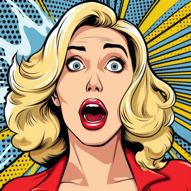Überraschung Pop Art Retro Scifi inspirierte Illustration einer schockierten blonden Frau