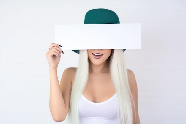 Überraschung Sehr attraktive Frau mit grünem Hut und grünem Haar hält ein weißes, leeres Schild