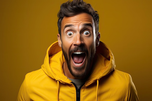 Überraschungs-Mann-Ausdruck auf gelbem Hintergrund mit gelbem Kapuzen-Mann Wow-Ausspruch mit Kopie-Text