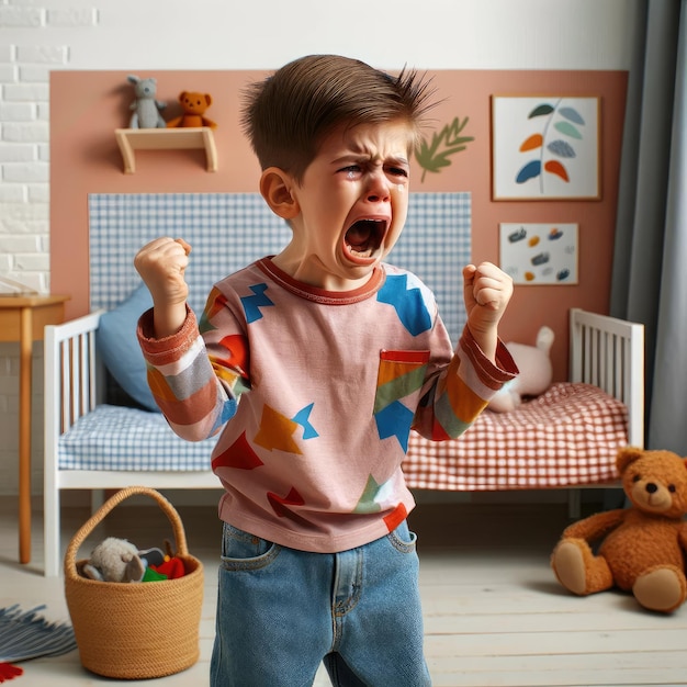 Foto el berrinche del niño es un colorido estallido en la habitación.